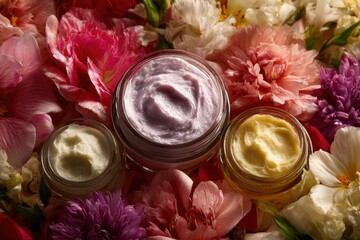 Three jars of colorful creams nestled among a variety of fresh, blooming flowers in a peaceful arrangement under natural light