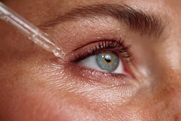 A person gently applies a serum with a dropper to the skin around their eye, showcasing careful skincare routine and attention to beauty