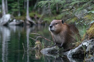 A beaver sits on a rock by the calm water, surrounded by lush greenery and trees, absorbing the peace of the forest in the late afternoon