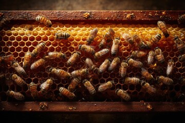 A colony of bees is busy working on honeycomb inside a wooden hive, showcasing the intricate hexagonal cells in warm afternoon light