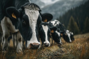 A herd of cows is foraging in a grassy field surrounded by mountains on a cloudy day in late afternoon