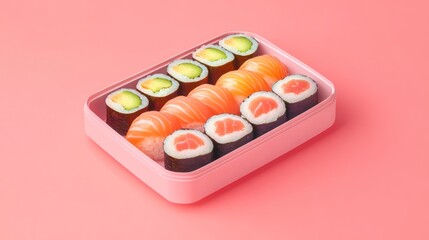 Assorted sushi rolls in a pink bento box.