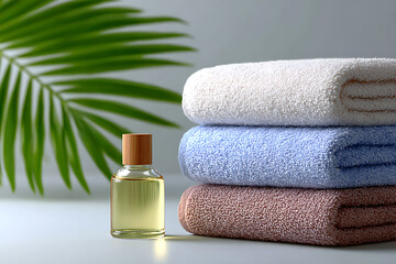 Soft Towels and Essential Oil with Leaf in Tranquil Spa Setting