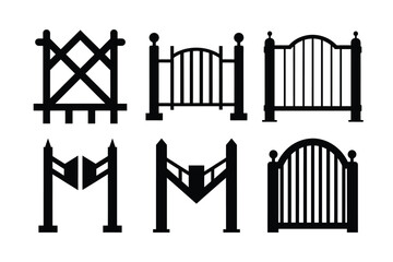 Wrought iron fence and gate vector illustration with business and technology icons in black design style