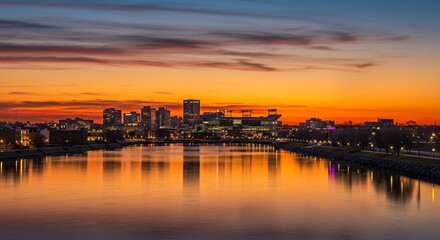 Fototapeta premium City skyline at sunset over river
