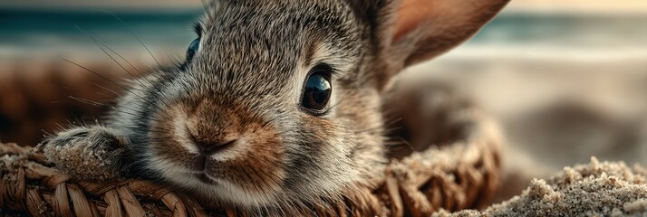 Cute rabbit resting in a woven basket on a sandy beach at sunset