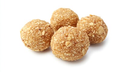 Four peanut butter balls on white background.