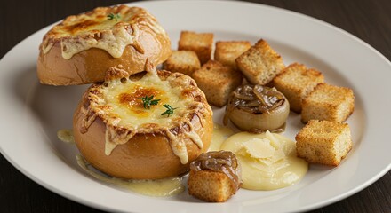Bread bowl of soup with croutons and garnish