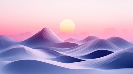 Abstract landscape with soft, pastel hills, subtle color gradients, and a warm-toned sun.