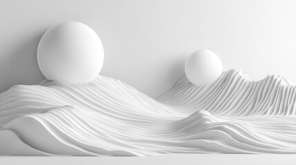 Abstract white landscape with smooth, undulating forms and spheres.
