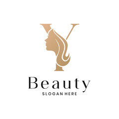 Elegant beauty salon logo with a woman's face silhouette and letter Y