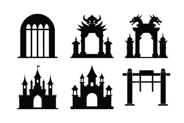 Set of vector silhouettes of churches and landmarks in city skyline
