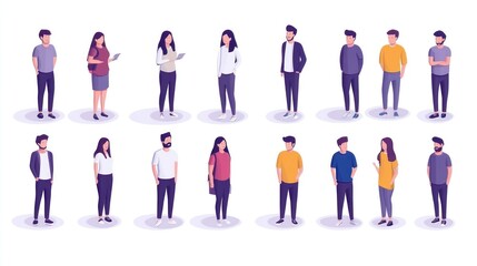 Diverse group of people standing, various ages and genders, casual clothing, isometric view.