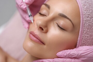Close-up of young Asian woman receiving cosmetic facial injection in cheek area. Beautician wearing gloves holding syringe during aesthetic anti-aging treatment, generated image
