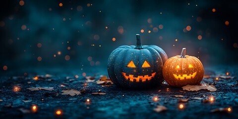 Fototapeta premium Spooky Halloween arrangement with glowing pumpkins, lanterns, and colorful fall leaves for an autumn celebration