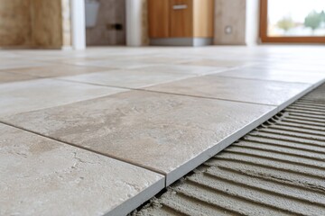 Close-up of ceramic tiles being laid on adhesive, in a room under renovation, showing ongoing floor installation.
