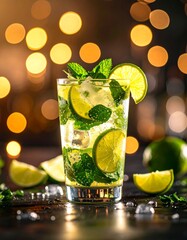 Refreshing mojito with lime and mint garnish.