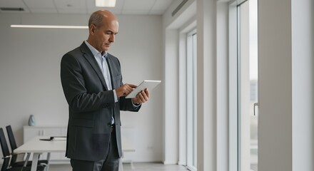 Fototapeta premium A mature businessman standing in an office, using tablet. 