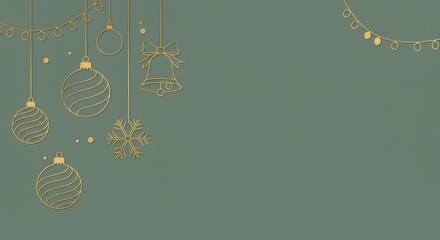 Holiday golden minimalist line baubles, snowflake, ball, bell, garland. New year banner, card. Christmas hanging on green background.
