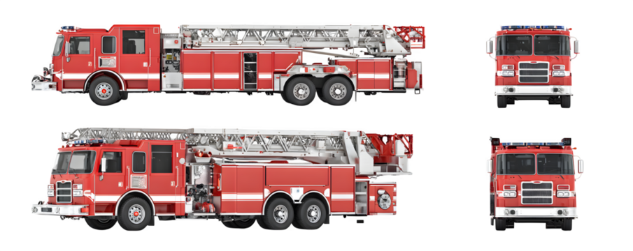 Isolated Professional Studio-Lit fire truck with ladder mounte commercial stock asset, versatile design element, ideal for video overlays and print projects, professional graphics