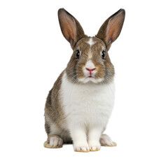 Obraz premium A young domestic rabbit with fluffy brown and white fur, perked ears, and bright eyes, making inquisitive eye contact with a raised paw, on a seamless transparent studio background, radiating