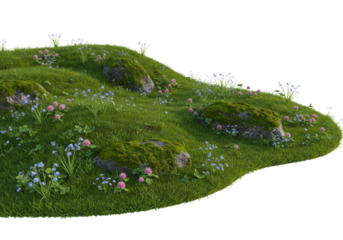 Lush green grassy hillside with delicate blue and pink wildflowers and mossy rocks, captured from a high angle against a clean white background with copy space, under bright studio light. Concept of
