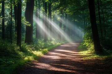 Fototapeta premium Magical morning forest path with sun rays shining through misty trees creating a dreamy peaceful atmosphere