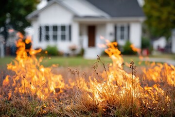 Flames engulf dry grass in a yard, with a blurred house in the background, creating a sense of danger.