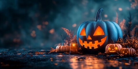 Spooky Halloween arrangement with glowing pumpkins, lanterns, and colorful fall leaves for an autumn celebration