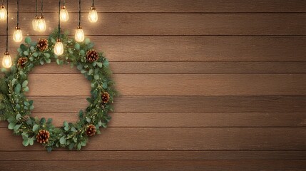 Christmas Winter Wonderland Watercolor Festive Green Wreath with Pinecones and String Lights on Rustic Wooden Background