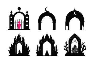 Vector illustration set of architecture and religion icons: church, temple, mosque, castle, and city landmarks