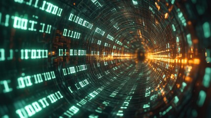 Fototapeta premium ：Abstract Green Digital Numbers Binary Tunnel Background, Futuristic Technology Style for Data Analysis, Programming Education