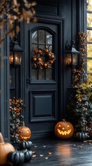 Obraz premium Spooky Halloween arrangement with glowing pumpkins, lanterns, and colorful fall leaves for an autumn celebration