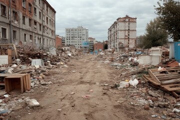 Amidst debris and piles of rubble, a solitary dirt path exposes the silent aftermath of urban decay in this abandoned area Generative AI