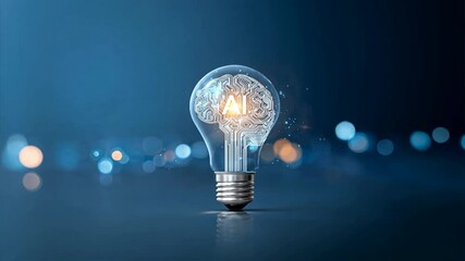 Light bulb inside brain icon with ai text on soft blue background, clean digital design represents creativity and smart technology, ai interface for modern business - Powered by Adobe