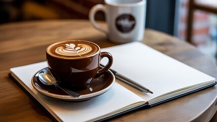 A cup of coffee with latte art sits on an open notebook with a pen on a wooden table