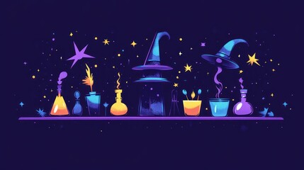 Cartoon witch's potion lab on shelf with beakers, flasks, and witch hats under starry night sky.
