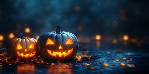 Obraz premium Spooky Halloween scene presents glowing jack o'lanterns amidst fall leaves and a misty forest at dusk.