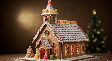 Gingerbread Church with Candy and Christmas Tree