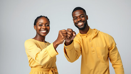 Cheerful African American man and woman give a fist bump, showcasing teamwork and collaboration in yellow outfits against a plain background.