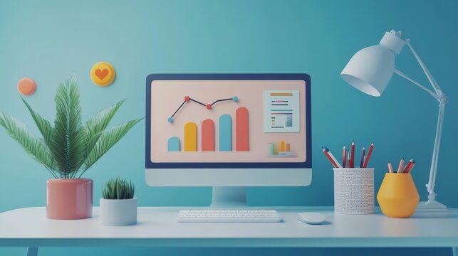 Boosting Productivity: Data Analysis, Charts, Workspace, Desk Setup, Computer, Keyboard, Mouse, Stationery, Office Supplies, Organization