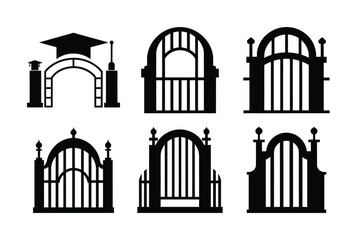 Vector icons of black and white church architecture, including windows, doors, and a tower, form a striking silhouette for travel and city landmark designs