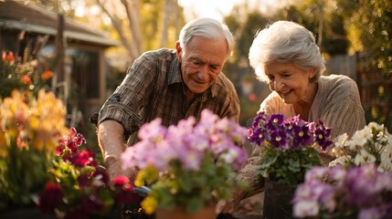 Elderly couple tending to their vibrant garden filled with colorful flowers during a sunny afternoon in a peaceful outdoor setting