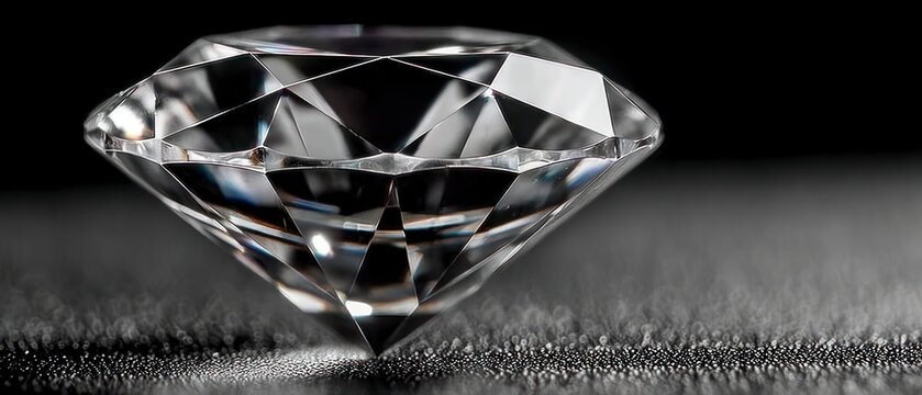 Close up view of a sparkling faceted diamond resting on a textured surface with diffused light