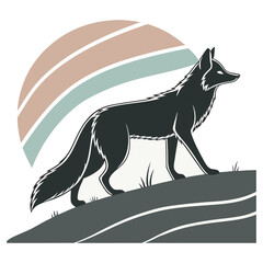 Fototapeta premium Black fox standing on grassy hill with abstract rainbow background