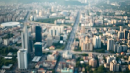 Obraz premium Aerial view of an urban landscape with soft focus and natural ambient light creating a serene mood.