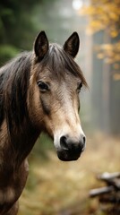 Obraz premium Close-up view of a beautiful horse in a misty forest setting during autumn with faint golden leaves in the background