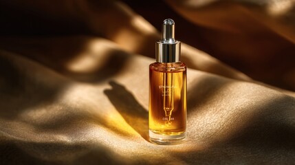 Fototapeta premium Elegant Cosmetic Serum Oil Bottle on Gold Silk Fabric
