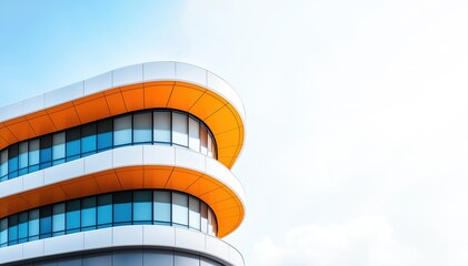Minimalist architectural close-up of a modern building featuring sleek curved white and orange exterior facade, showcasing clean lines and contemporary design against a clear sky backdrop