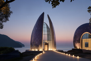 Fototapeta premium Futuristic faceted purple architectural marvel. Tall buidling with twilight and river.